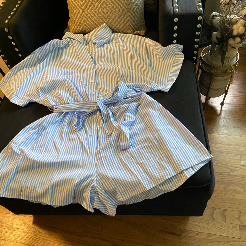 Light Blue Striped One Piece Short Set with Airy Cotton Blend